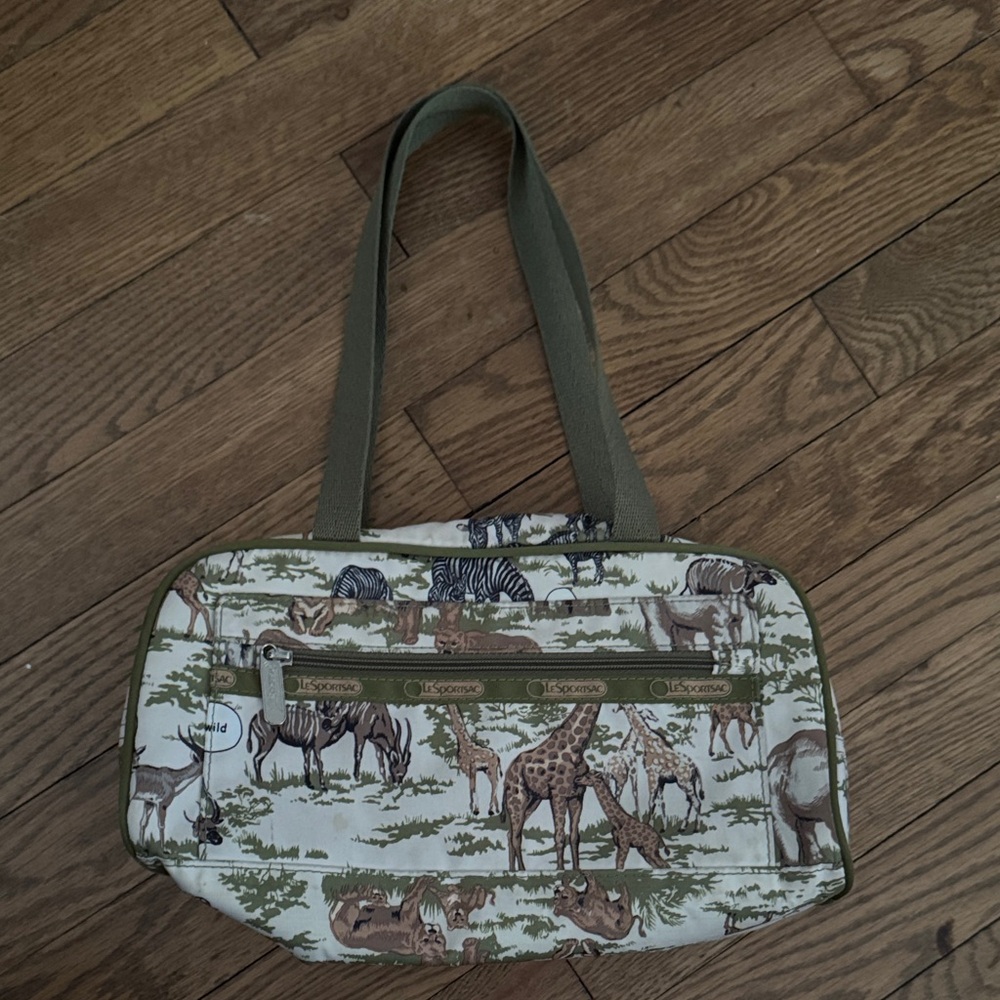 Lesportsac Boston Bag Olive Green and Cream Safari Animal Print